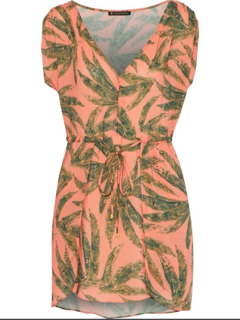 Coral Palm-Print Swim Coverup Tunic with Drawstring Waist